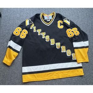 CCM #66 Mario Lemieux Pittsburgh Penguins Diagonal Hockey Jersey 90s Size L VTG